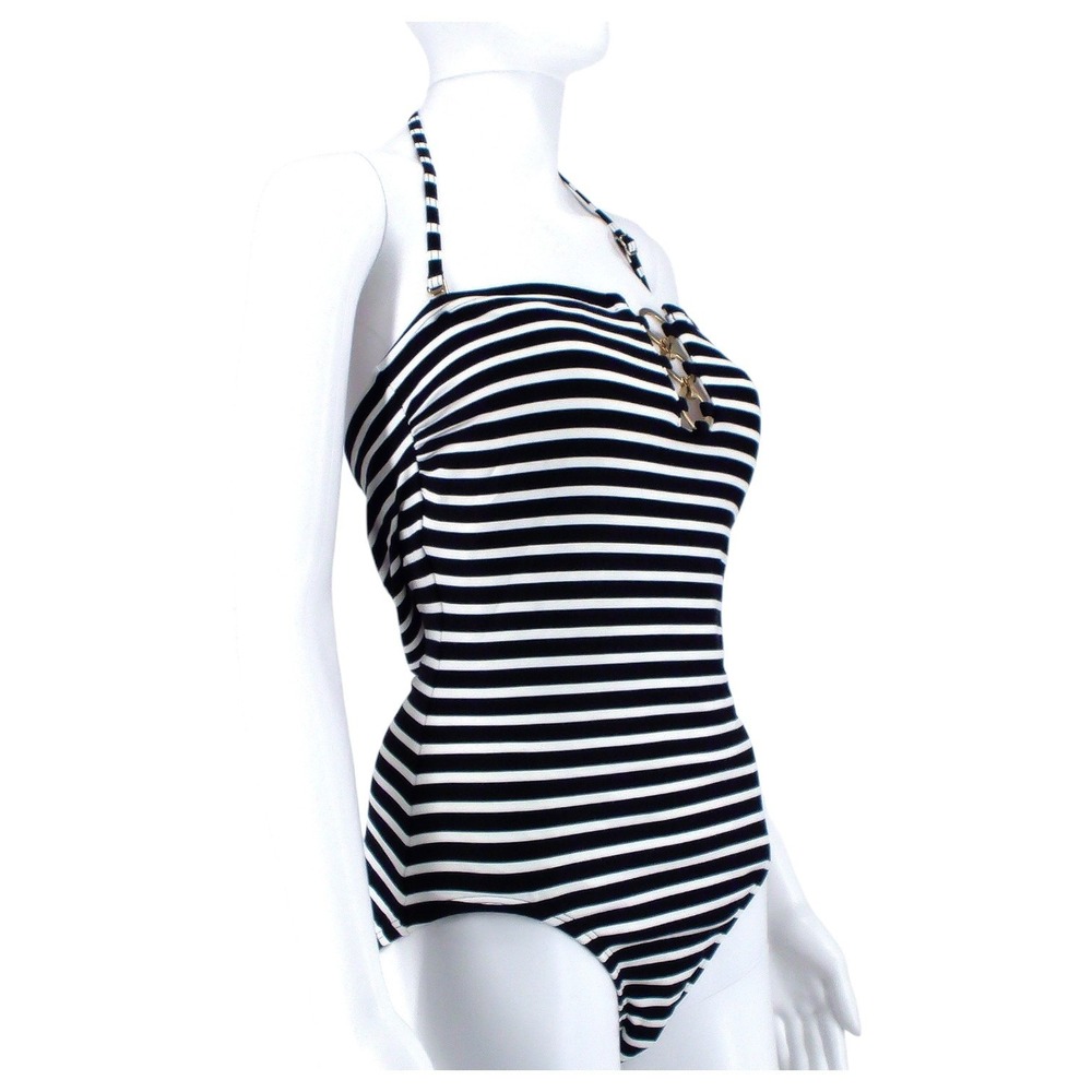 Michael Kors Swimsuit Womens 12 One Piece Halter Monokini Stripe Black White - Picture 3 of 12